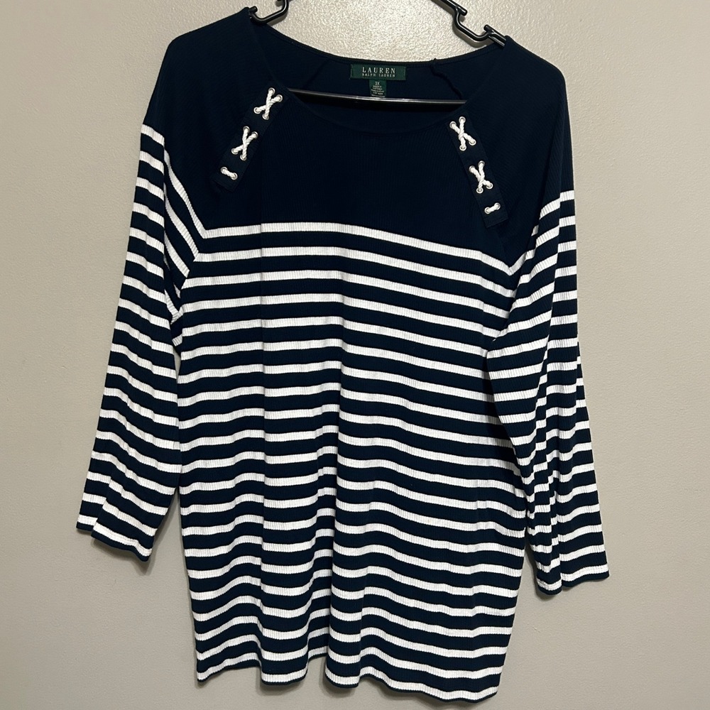 Lauren Ralph Lauren Blouse 3X Navy White Striped Lace Up Ribbed Knit Coastal